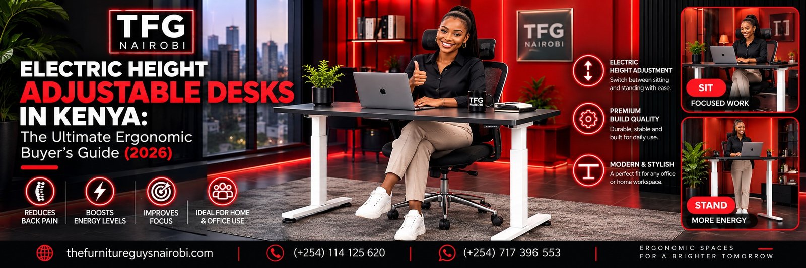 Wide infographic banner for Electric Height Adjustable Desk Kenya featuring motorized sit-stand specifications, posture benefits, and TFG Nairobi contact details