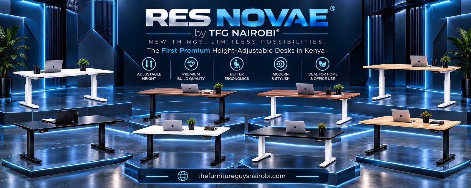 RES NOVAE Electric Height Adjustable Desk Kenya product lineup showcase by TFG Nairobi displaying motorized black, white, walnut, and dual-tone desk variants