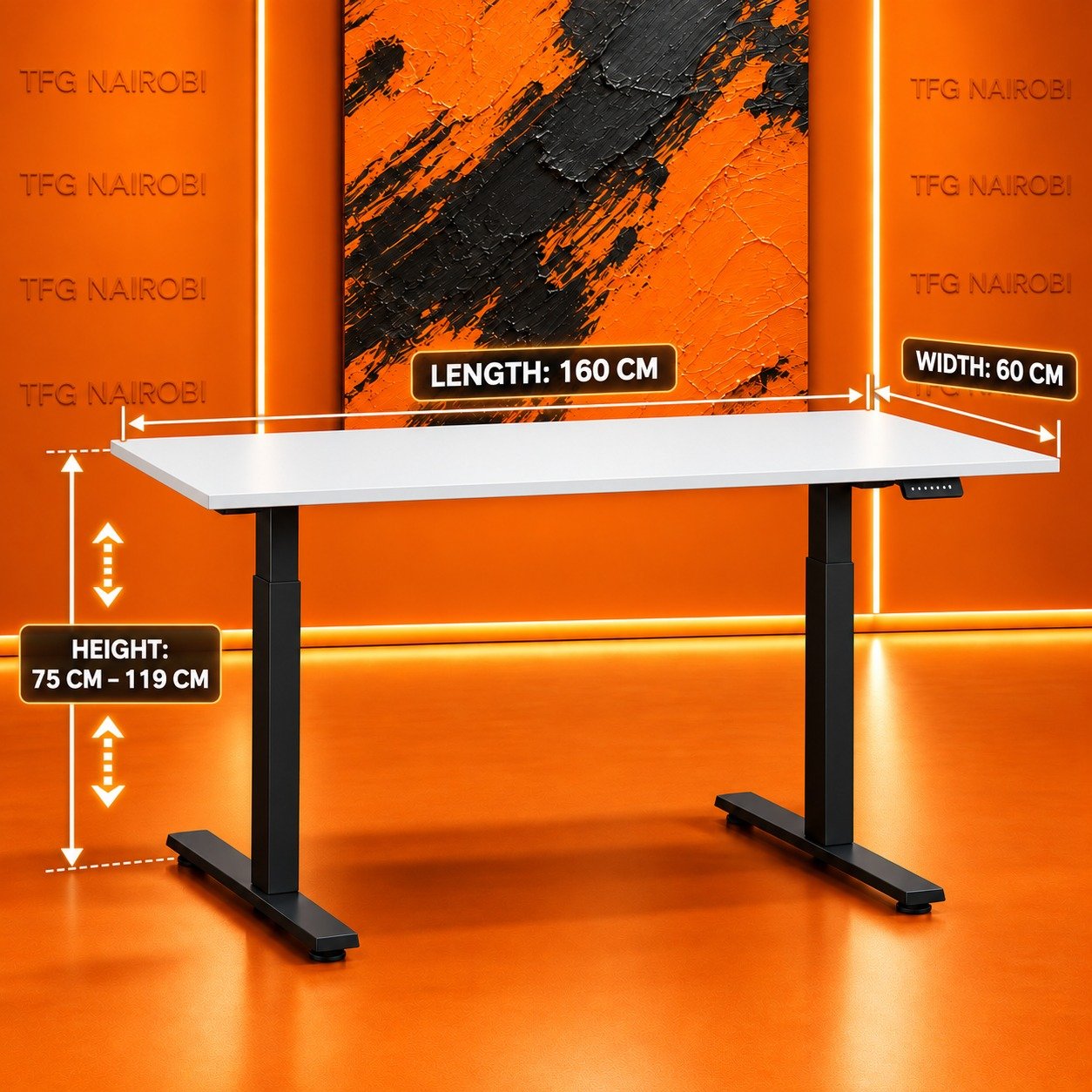 electric-height-adjustable-desk-white-black-dimensions-kilimani-nairobi Electric Height Adjustable Desk dimensions: 160cm length, 60cm width, 75-119cm height, white top black frame, Kilimani, Nairobi