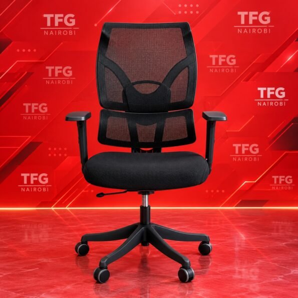Ergonomic black mesh office chair with dual-zone lumbar support and adjustable arms by TFG Nairobi in Upper Hill