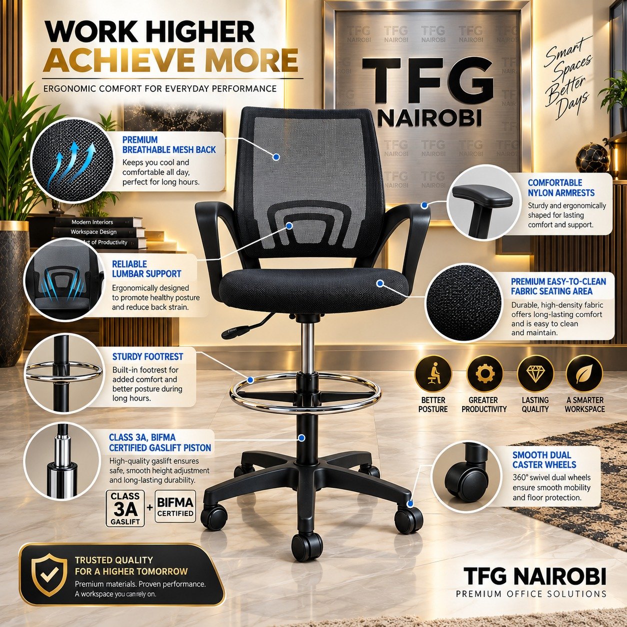 ergonomic-drafting-chair-features-lavington-nairobi Ergonomic Drafting Chair features: mesh back, lumbar support, BIFMA certified gaslift, Lavington, Nairobi