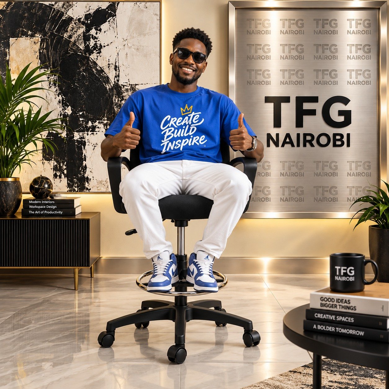 ergonomic-drafting-chair-lifestyle-lavington-nairobi Ergonomic Drafting Chair lifestyle shot with mesh back and chrome foot ring, Lavington, Nairobi