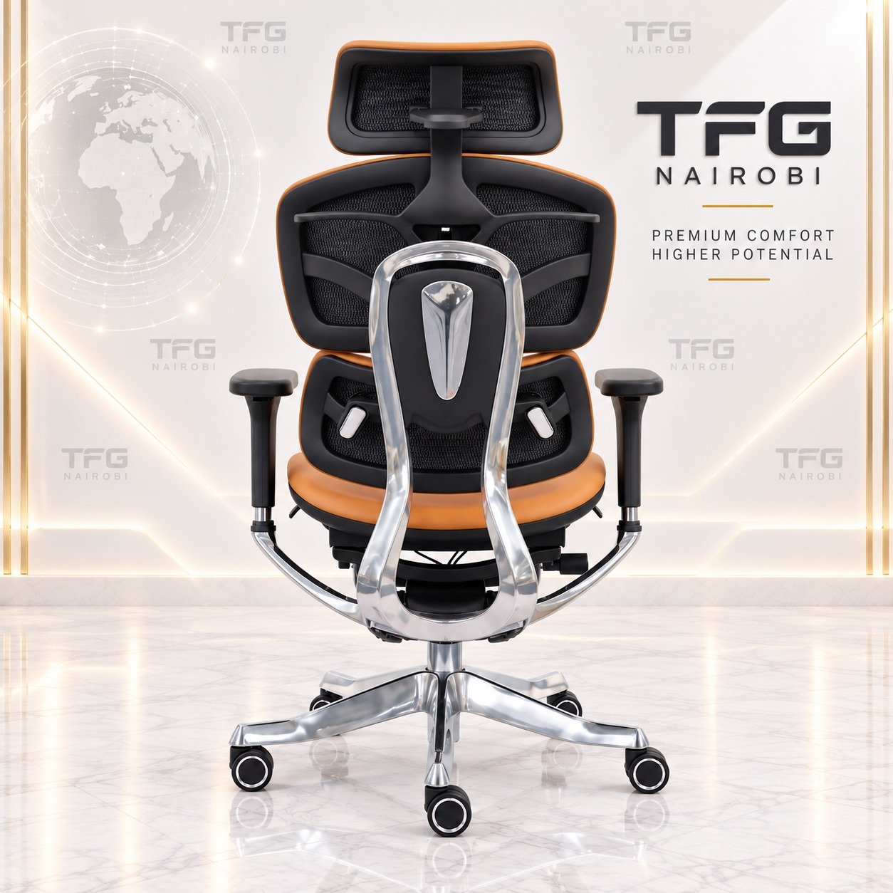 executive-ergonomic-leather-office-chair-back-view-westlands-nairobi Executive Ergonomic Leather Office Chair back view showing aluminum exoskeleton frame, Westlands, Nairobi