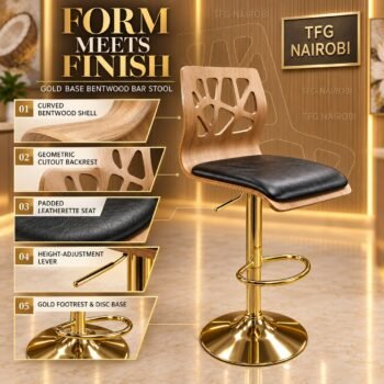 Gold Base Bar Stool features: bentwood shell, geometric cutout, leatherette seat, gold base, Westlands, Nairobi