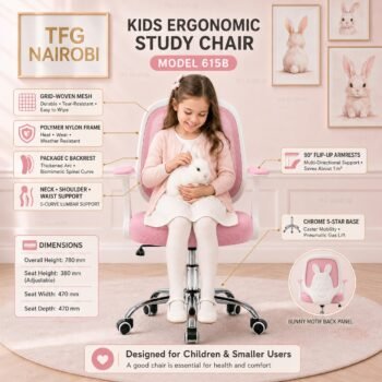 Kids Ergonomic Study Chair features: grid-woven mesh, polymer nylon frame, flip-up armrests, dimensions, Westlands, Nairobi
