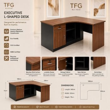 L-Shaped Executive Office Desk dimensions: 140cm x 120cm x 75cm, lockable drawer and cabinet, Imara Daima, Nairobi