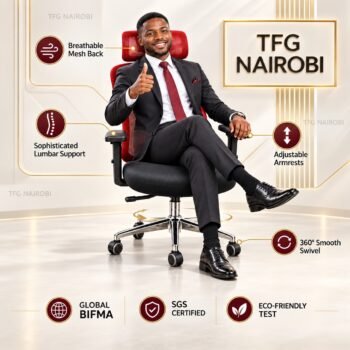 Infographic banner for Red Ergonomic Mesh Office Chair highlighting breathable mesh back, lumbar support, adjustable armrests, and BIFMA SGS certifications by TFG Nairobi in Westlands