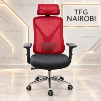 Red Ergonomic Mesh Office Chair with headrest, Y-frame spine support silhouette, black cushion, and chrome base by TFG Nairobi in Westlands