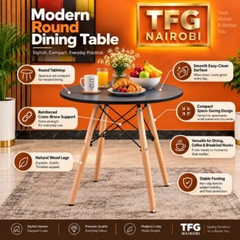 Round Black Dining Table features: cross-brace support, wood legs, non-slip feet, Loresho, Nairobi
