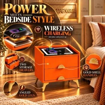 Feature infographic of the Smart Nightstand with Wireless Charging showcasing wireless smartphone charging top, two storage drawers, gold shell handles, and angled gold legs in Imara Daima, Embakasi, Nairobi