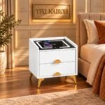 Smart Nightstand with Wireless Charging and smartphone charging on glass top with LED light, white finish, and gold fan handles staged in Imara Daima, Embakasi, Nairobi