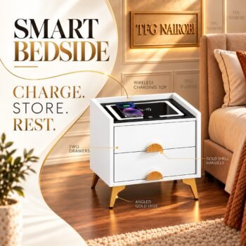 Feature infographic of the Smart Nightstand with Wireless Charging highlighting the wireless charging top, two drawers, gold shell handles, and angled gold legs in Imara Daima, Embakasi, Nairobi