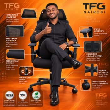 Spine Support Office Chair features: headrest, mesh back, lumbar support, BIFMA and SGS certified, Westlands, Nairobi