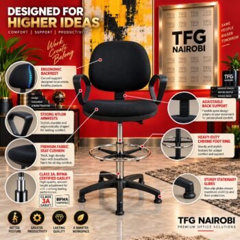 Stationary Drafting Chair features: ergonomic backrest, BIFMA gaslift, chrome foot ring, glides, Parklands, Nairobi