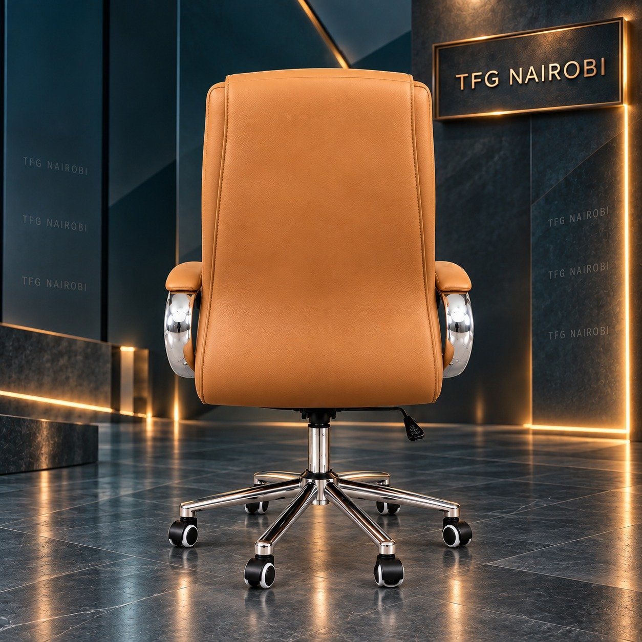 tan-leather-executive-office-chair-back-view-lavington-nairobi Tan Leather Executive Office Chair back view with chrome armrests and five-star base, Lavington, Nairobi