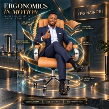 Tan Leather Executive Office Chair features: contoured leather back, lumbar support, BIFMA and SGS certified, Lavington, Nairobi