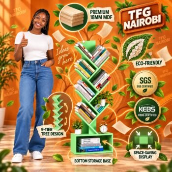 Tree Bookshelf features: 9-tier design, 18mm MDF, SGS and KEBS certified, Kileleshwa, Nairobi