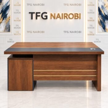 1.4M executive wooden desk Nairobi – walnut-tone desk with charcoal writing pad, gold accent lines, cable grommet and side storage cabinet, Westlands, Nairobi