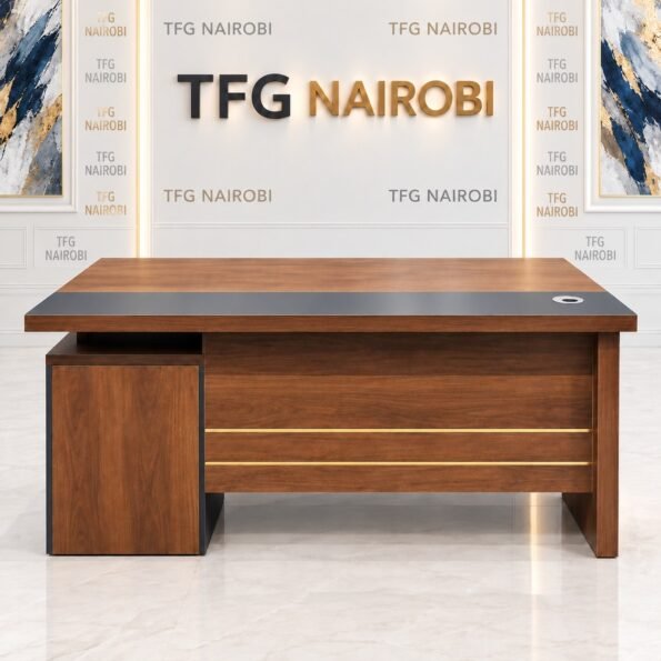 1.4M executive wooden desk Nairobi – walnut-tone desk with charcoal writing pad, gold accent lines, cable grommet and side storage cabinet, Westlands, Nairobi