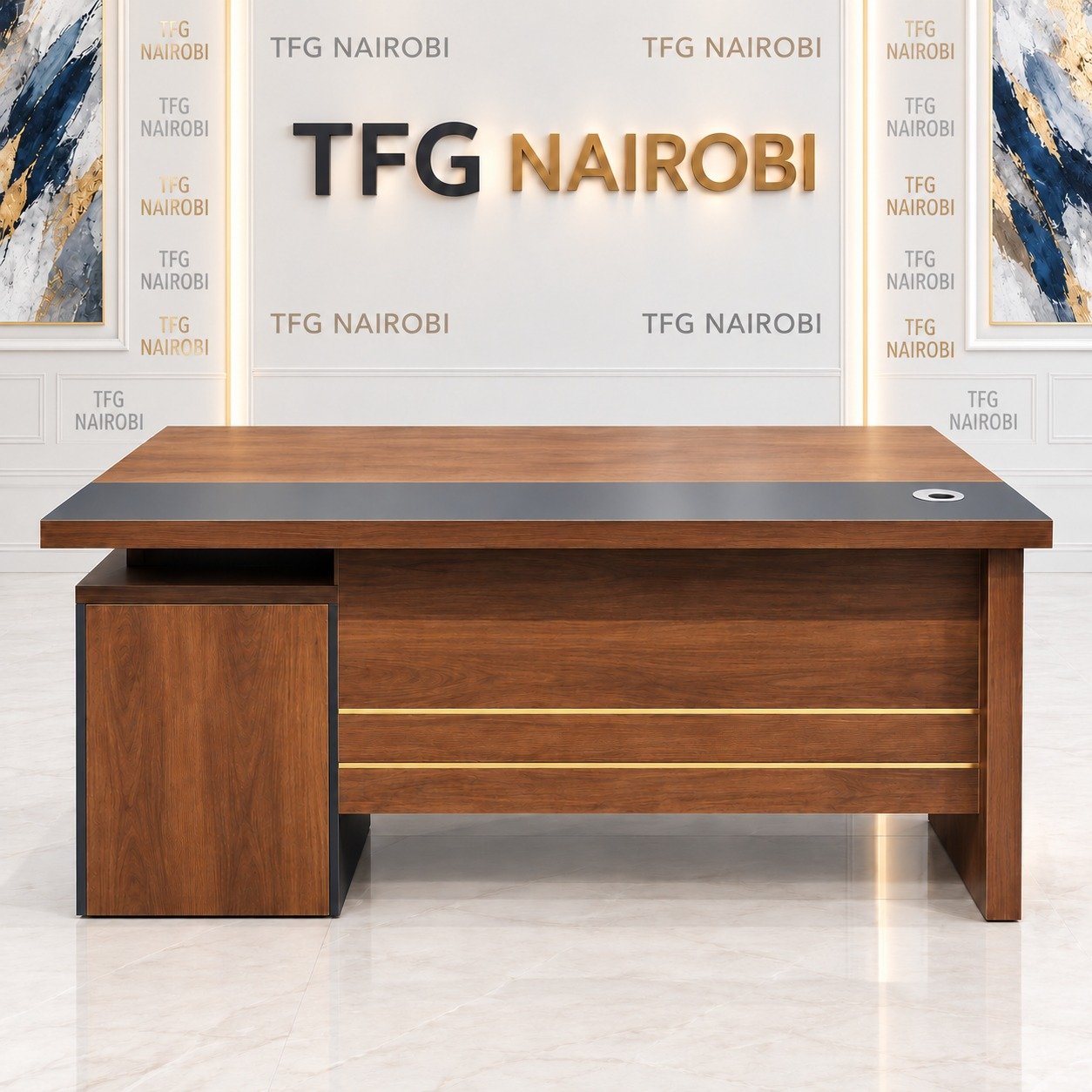 1.4M Executive Wooden Desk – Charcoal Writing Pad 1.4M executive wooden desk Nairobi – walnut-tone desk with charcoal writing pad, gold accent lines, cable grommet and side storage cabinet, Westlands, Nairobi