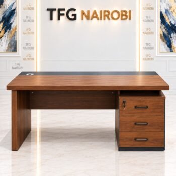 1.4M executive wooden desk Nairobi – rear view of walnut-tone desk with 3-drawer pedestal, key lock, open shelf and cable grommet, Westlands, Nairobi
