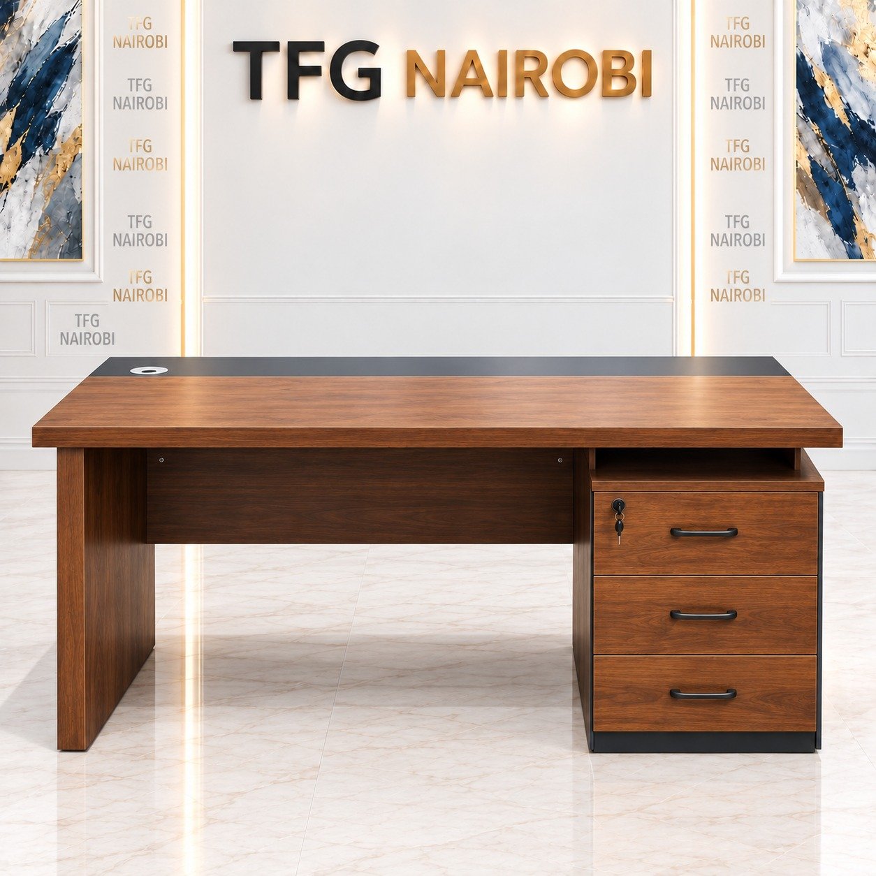 1.4M Executive Wooden Desk – Rear View with Drawers 1.4M executive wooden desk Nairobi – rear view of walnut-tone desk with 3-drawer pedestal, key lock, open shelf and cable grommet, Westlands, Nairobi
