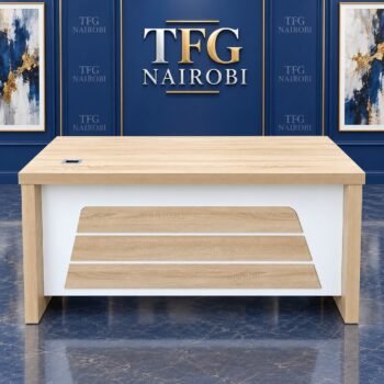 1.4M Oak Wood Executive Office Desk with 3-Drawer Pedestal Kenya staged in a luxury blue showroom in Kitisuru Nairobi