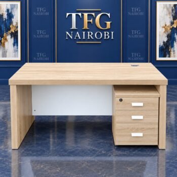 1.4M Oak Wood Executive Office Desk with 3-Drawer Pedestal Kenya rear view showing locking storage cabinet staged by TFG in Kitisuru Nairobi Kenya