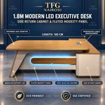 1.8M modern LED executive desk Nairobi – features infographic of 180cm oak desk with side return cabinet, fluted modesty panel, cool-blue LED lighting and cable management, Northlands, Nairobi