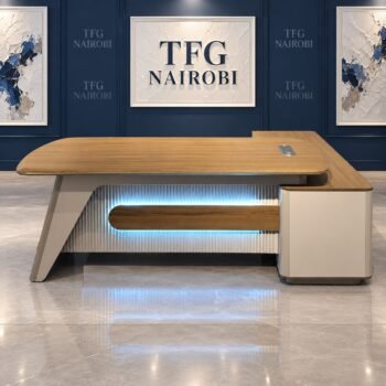 1.8M modern LED executive desk Nairobi – L-shaped wood-tone desk with side return cabinet and fluted modesty panel with LED lighting, Northlands, Nairobi