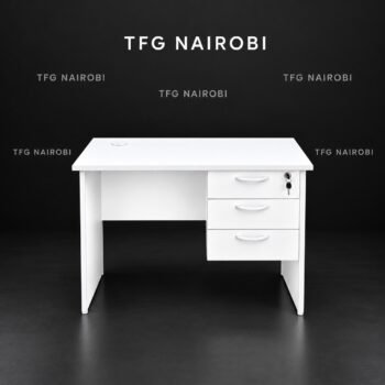 1 metre white office desk Kenya – compact all-white desk with 3 drawers, top drawer lock and cable grommet, Northlands, Nairobi