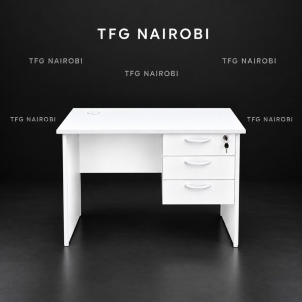 1 metre white office desk Kenya – compact all-white desk with 3 drawers, top drawer lock and cable grommet, Northlands, Nairobi