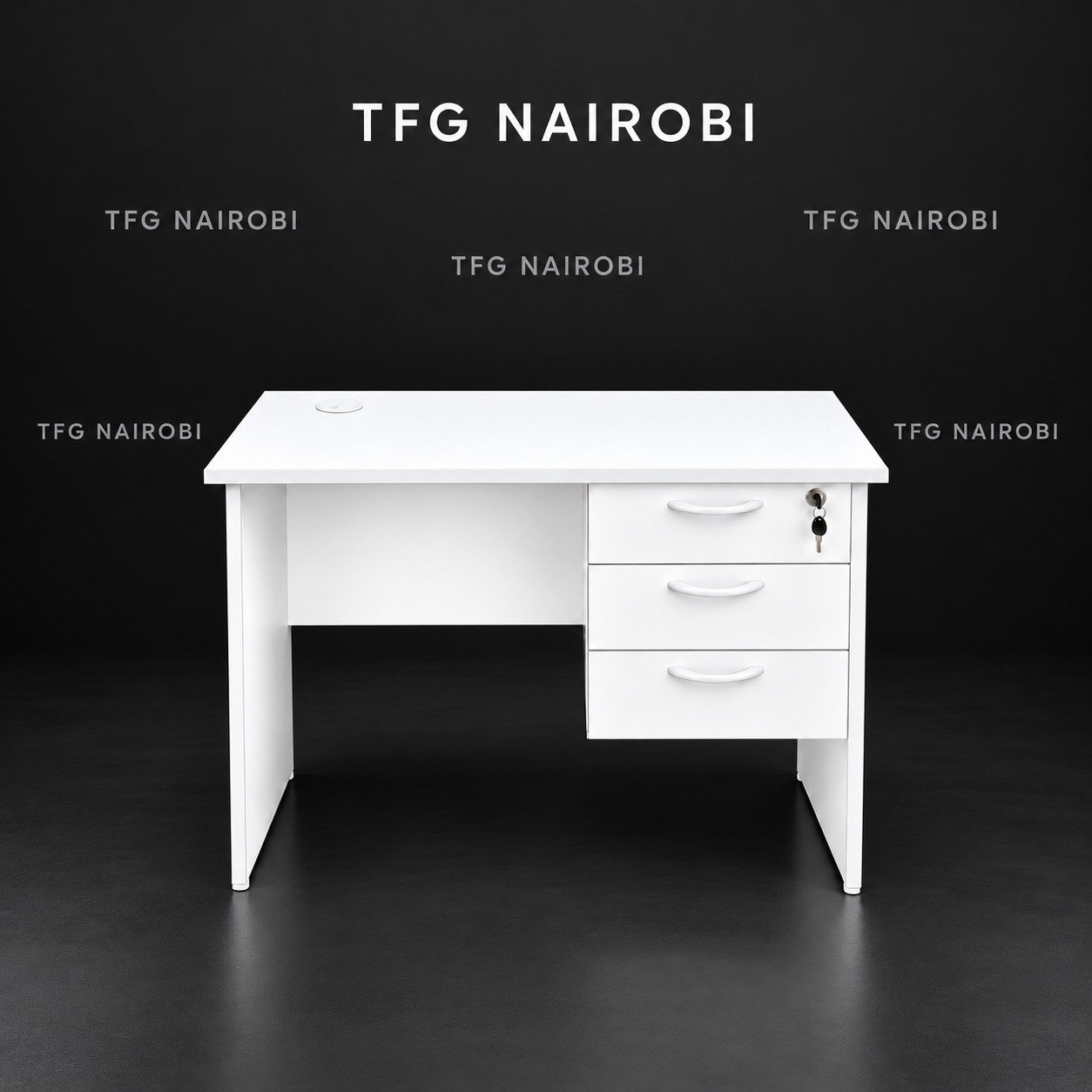 1 Metre White Office Desk Kenya – 3 Drawers 1 metre white office desk Kenya – compact all-white desk with 3 drawers, top drawer lock and cable grommet, Northlands, Nairobi