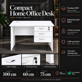 1 metre white office desk Kenya – features infographic of pure white MDF desk with 3 drawers, top drawer lock, cable grommet, 100x60x75cm, Northlands, Nairobi