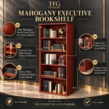 5-Tier Mahogany Office Bookshelf infographic showcase displaying rich wood grain finish, heavy duty shelf capacity, and open front display staged by TFG Nairobi in Kitisuru Nairobi Kenya