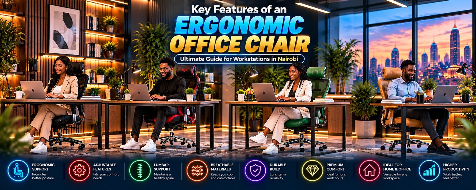 Professionals working on different seating options highlighting key features of an ergonomic office chair in Nairobi Kenya by TFG Nairobi.