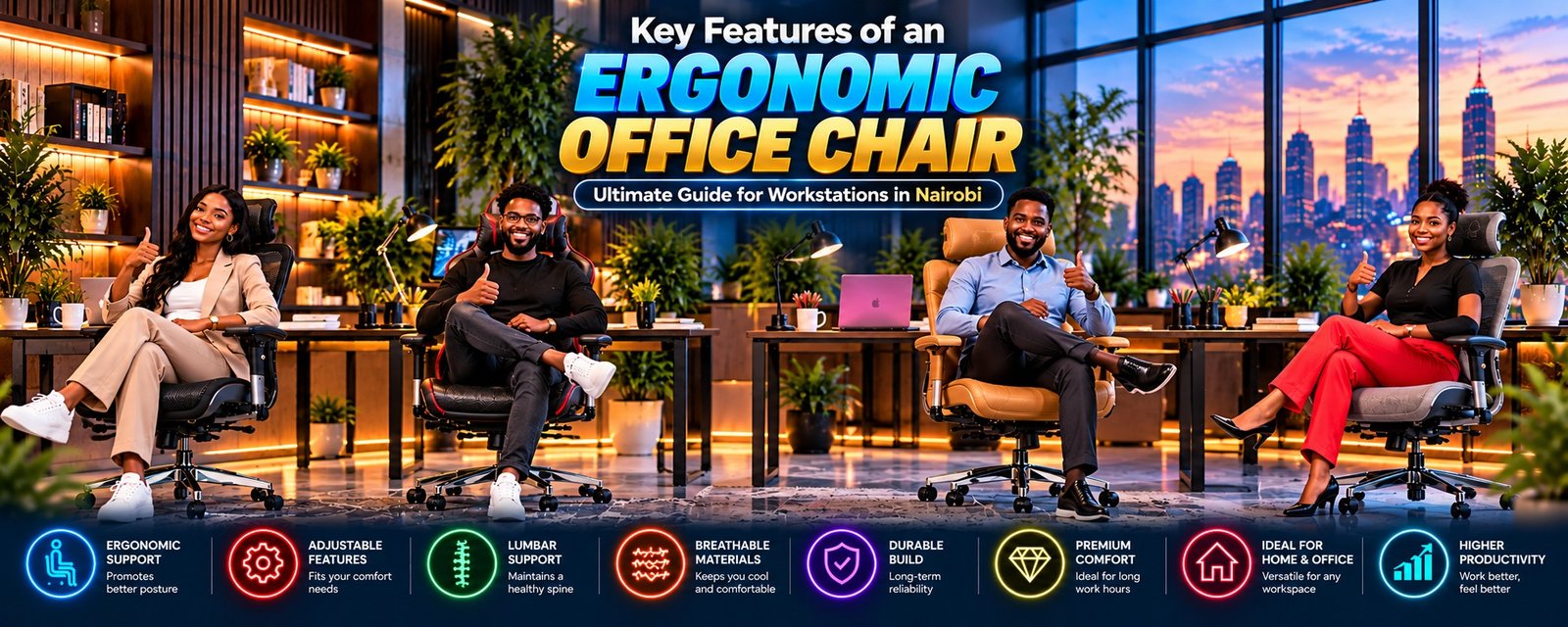 Smiling professionals giving a thumbs up while demonstrating key features of an ergonomic office chair in Nairobi Kenya by TFG Nairobi