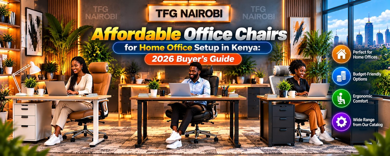 Professionals seated on affordable office chairs for home office setup in kenya in a modern Nairobi workspace by TFG Nairobi.
