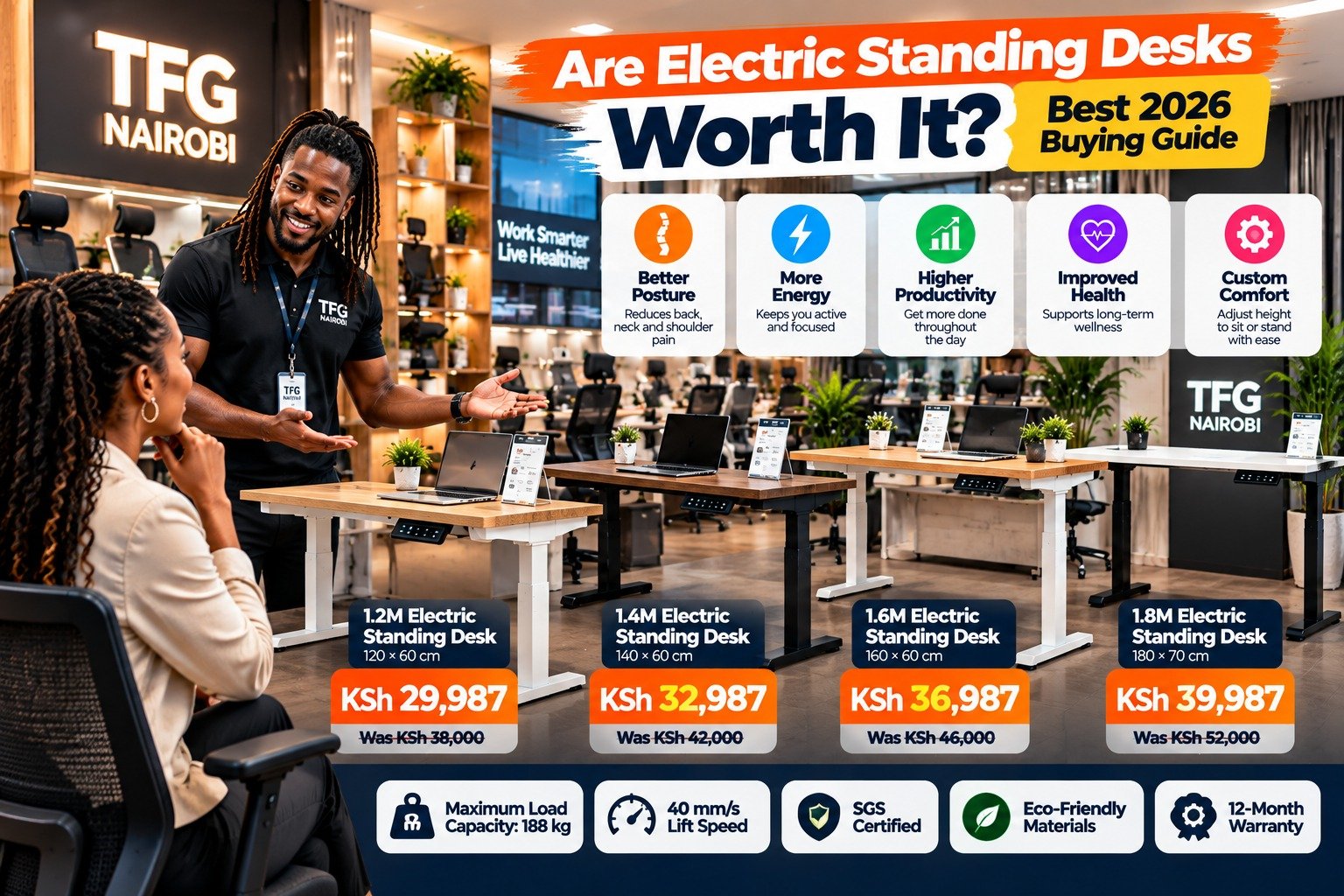 Are electric standing desks worth it showroom consultation guide visual featured alongside best ergonomic office chairs in kenya catalog by TFG Nairobi.