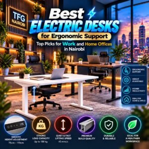Showcase of the best electric desks for ergonomic support in Nairobi Kenya by TFG Nairobi featuring height adjustment and digital control.