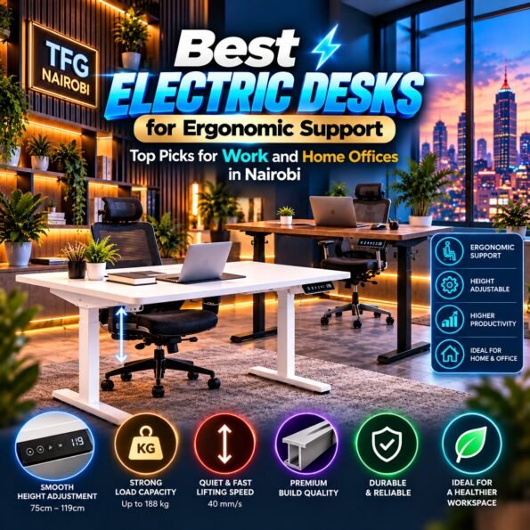 Showcase of the best electric desks for ergonomic support in Nairobi Kenya by TFG Nairobi featuring height adjustment and digital control.