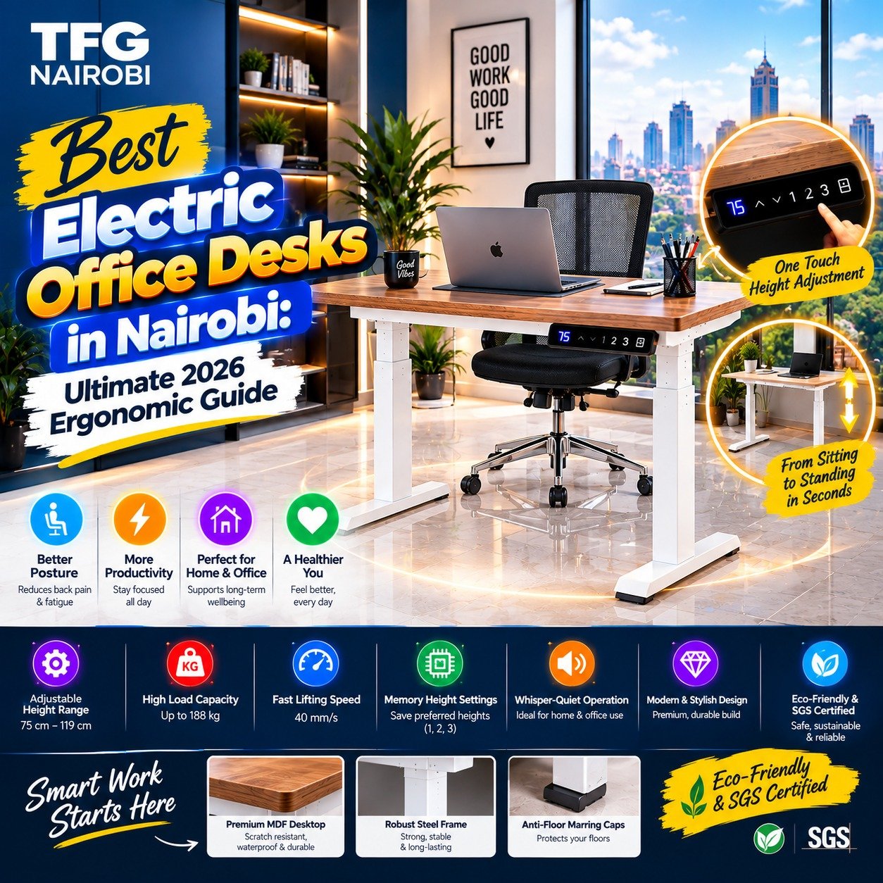 Best electric office desks in Nairobi displayed with the best ergonomic office chairs in kenya by TFG Nairobi.