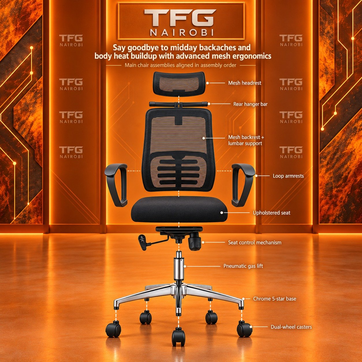 Best Ergonomic High-Back Office Chair with Lumbar Support Kenya Exploded View – Kitisuru Nairobi Best Ergonomic High-Back Office Chair with Lumbar Support Kenya exploded assembly diagram staged in Kitisuru Nairobi