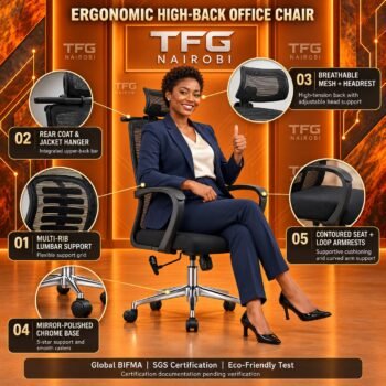 Best Ergonomic High-Back Office Chair with Lumbar Support Kenya feature breakdown with a businesswoman staged in Kitisuru Nairobi