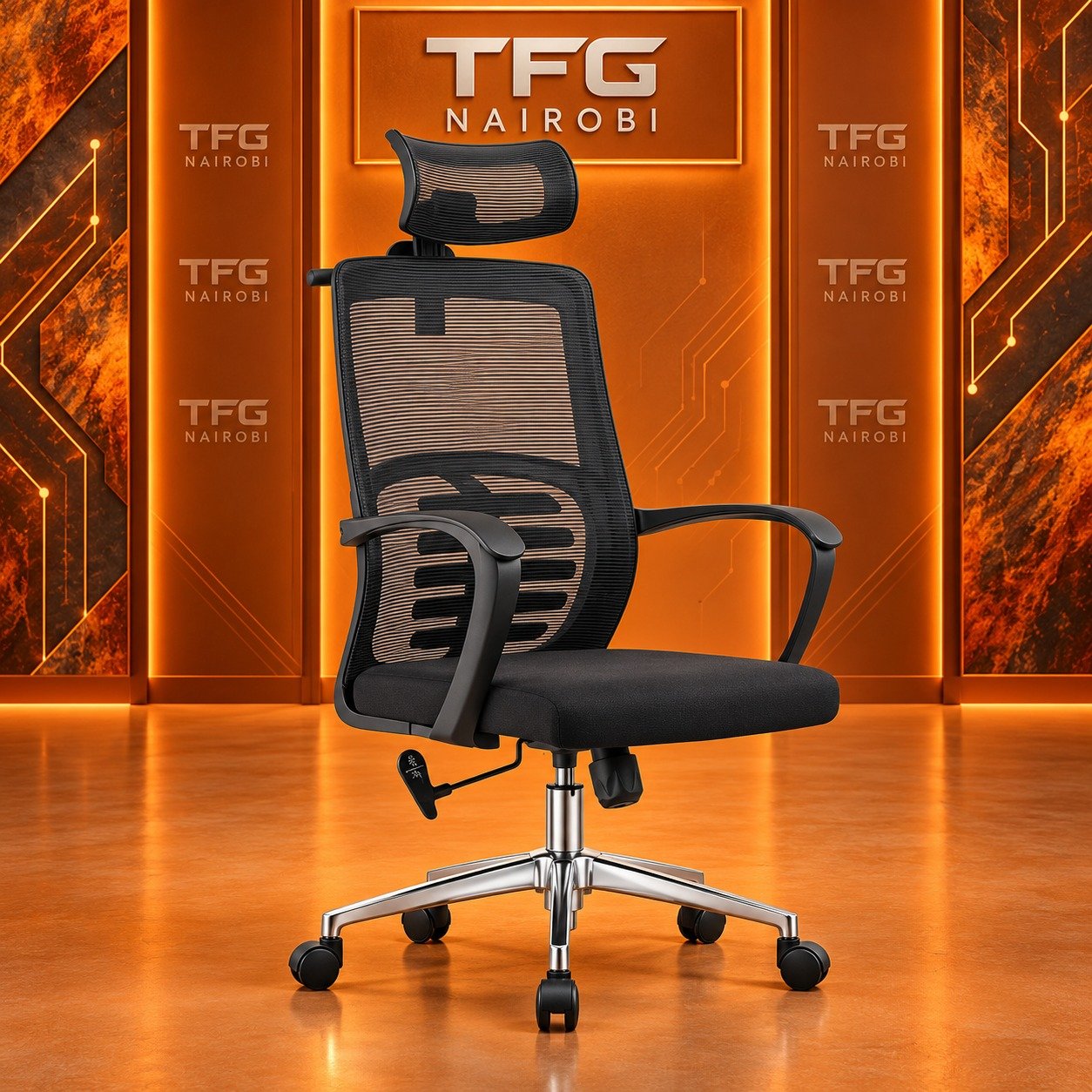 Best Ergonomic High-Back Office Chair with Lumbar Support Kenya – Kitisuru Nairobi Best Ergonomic High-Back Office Chair with Lumbar Support Kenya staged in a luxury branded orange studio in Kitisuru Nairobi