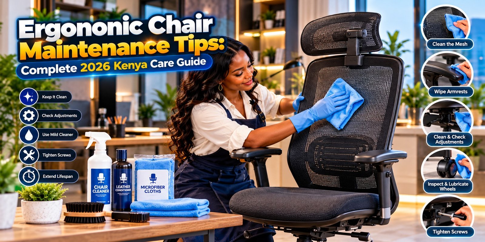 Best ergonomic office chairs in kenya maintenance guide demonstrating mesh cleaning and care kit by TFG Nairobi.