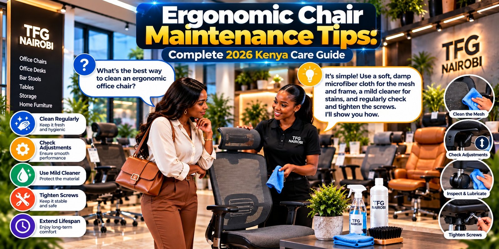 Best ergonomic office chairs in kenya maintenance guide consultation featuring customer service at TFG Nairobi showroom.