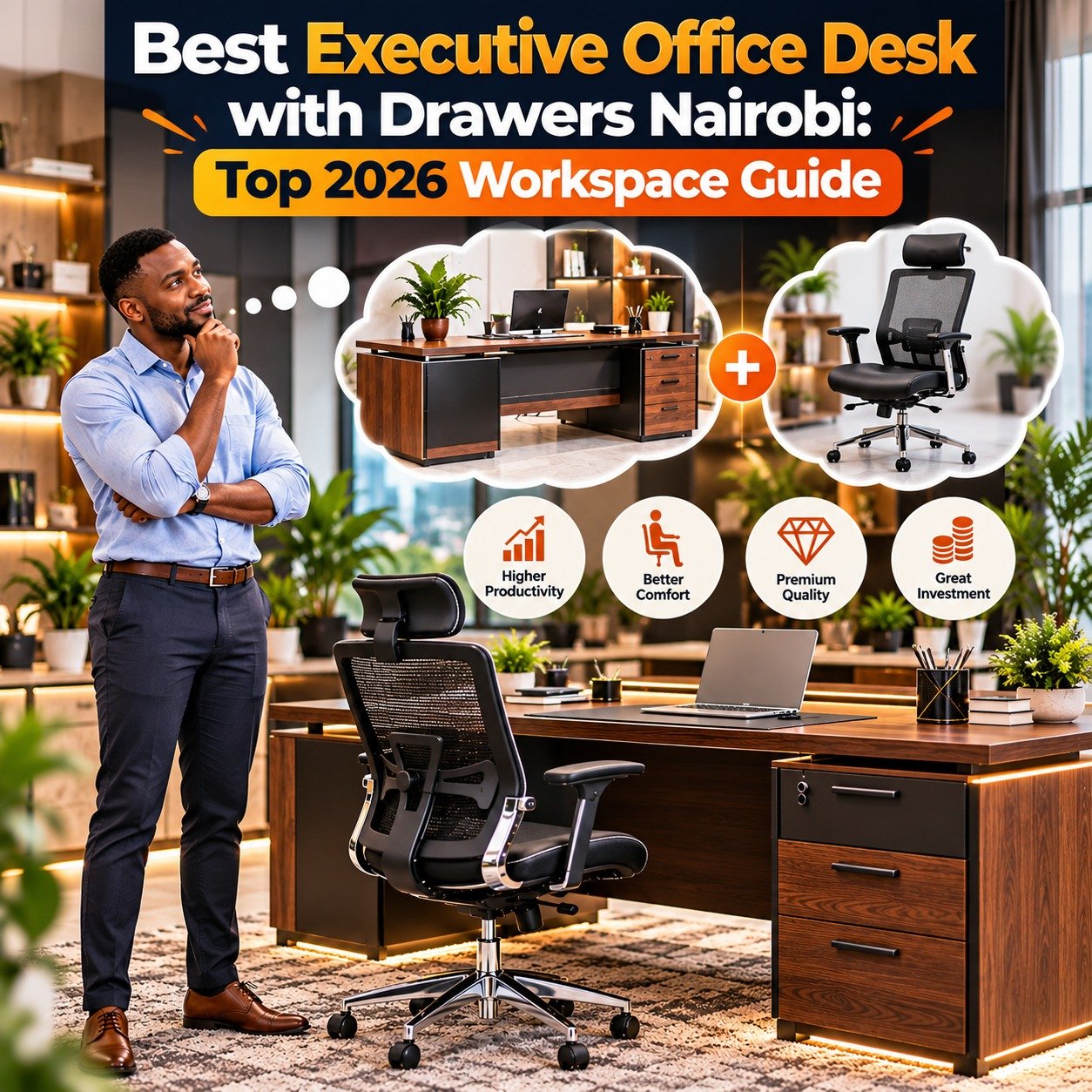 Best executive office desk with drawers nairobi paired with best ergonomic office chairs in kenya decision visual by TFG Nairobi.