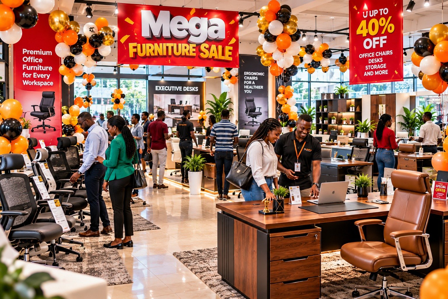 Best executive office desk with drawers nairobi featured alongside best ergonomic office chairs in kenya during TFG Nairobi showroom mega furniture sale.