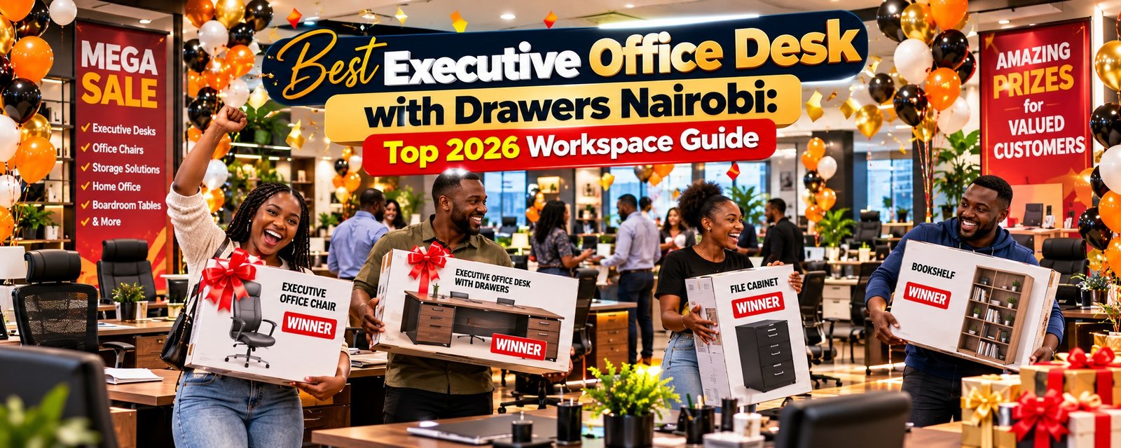 Best executive office desk with drawers nairobi featured alongside best ergonomic office chairs in kenya in TFG Nairobi customer prize celebration.